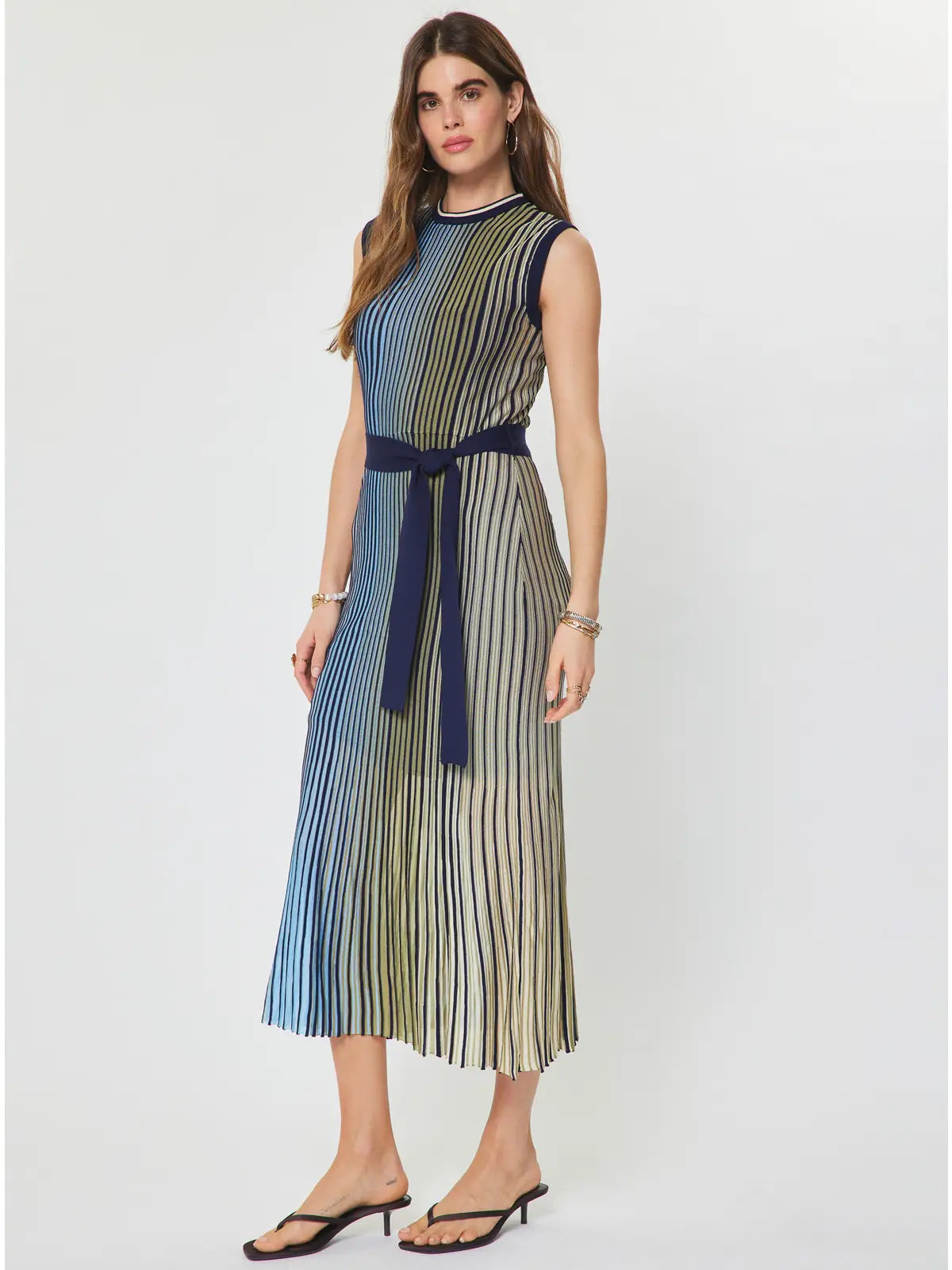 Colorblock Stripe Sleeveless Knit Midi Dress with Waist Tie