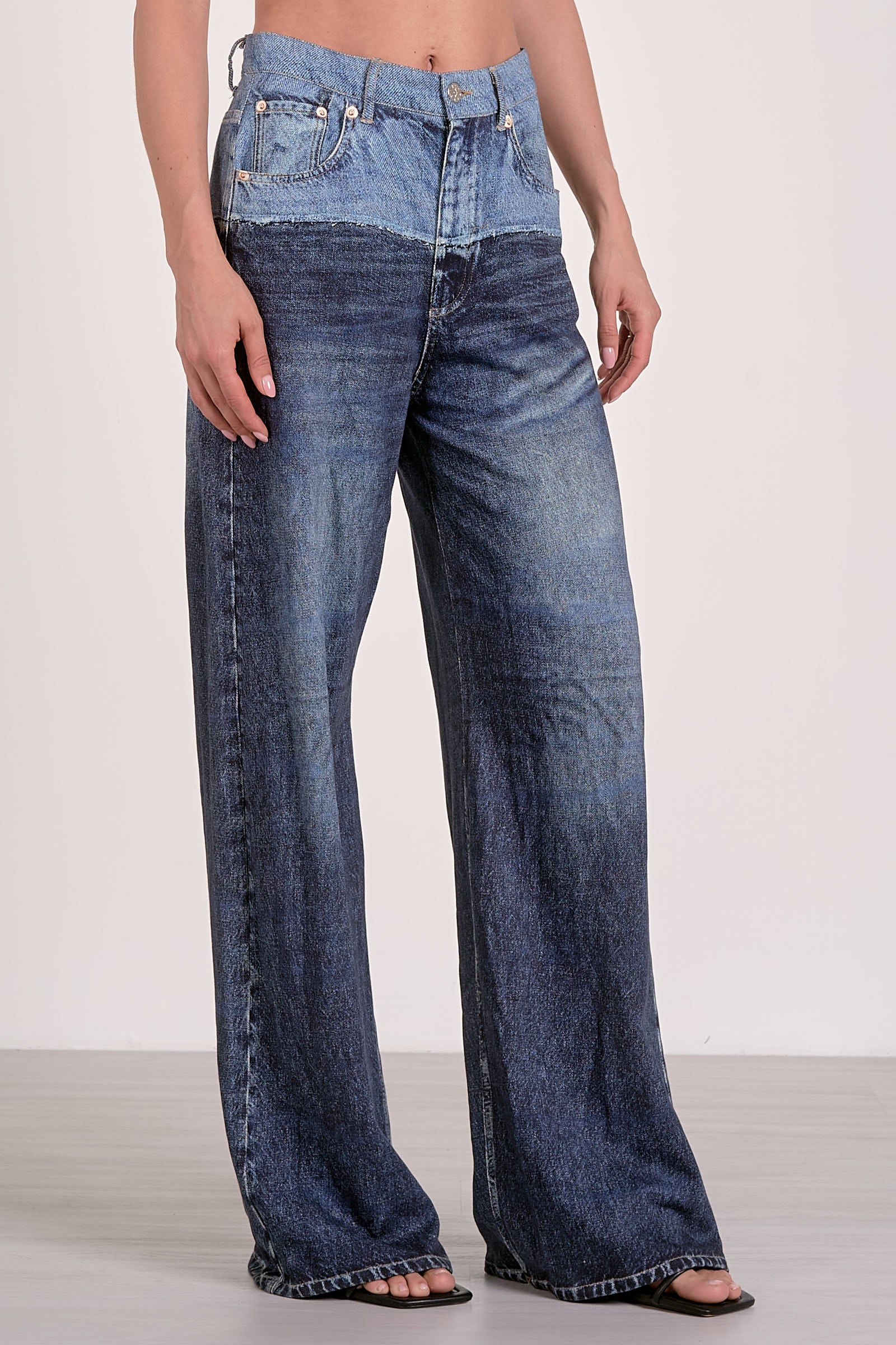High Waist Contrast-Wash Wide Leg Jeans