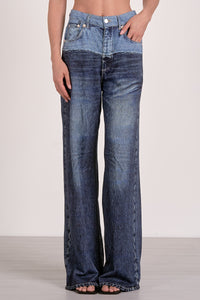 High Waist Contrast-Wash Wide Leg Jeans