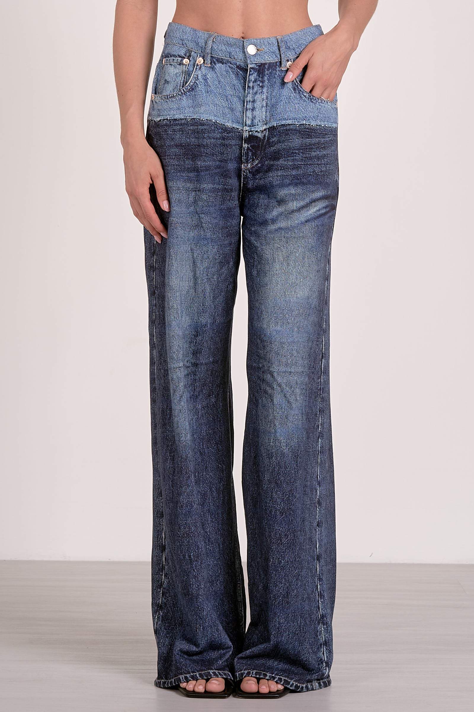 High Waist Contrast-Wash Wide Leg Jeans
