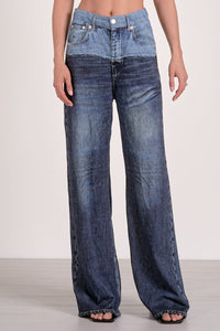 High Waist Contrast-Wash Wide Leg Jeans