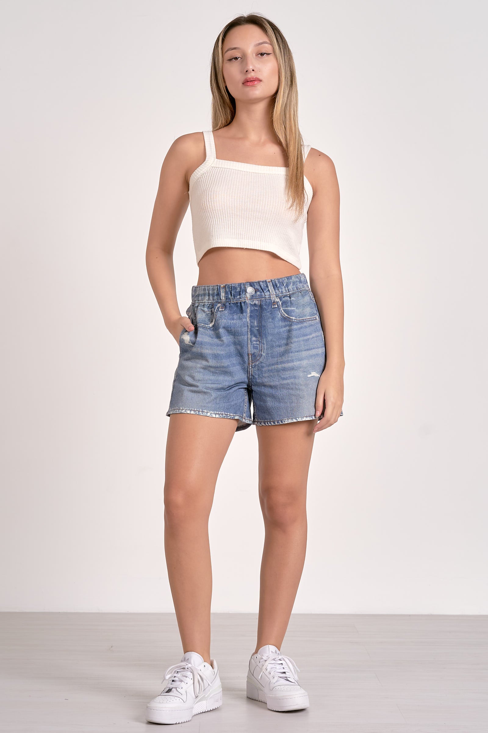 Distressed Denim Pull-On Shorts