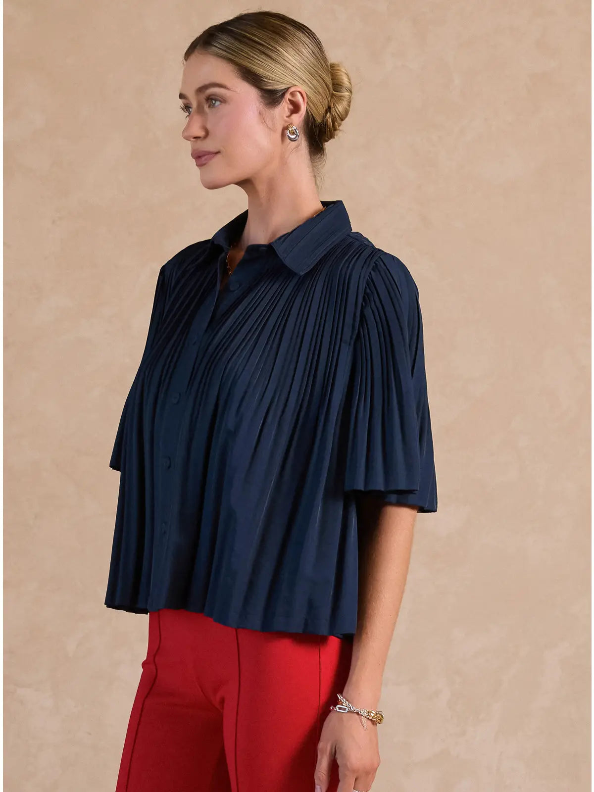 Blue Pleated Button Front Short Sleeve Collared Blouse