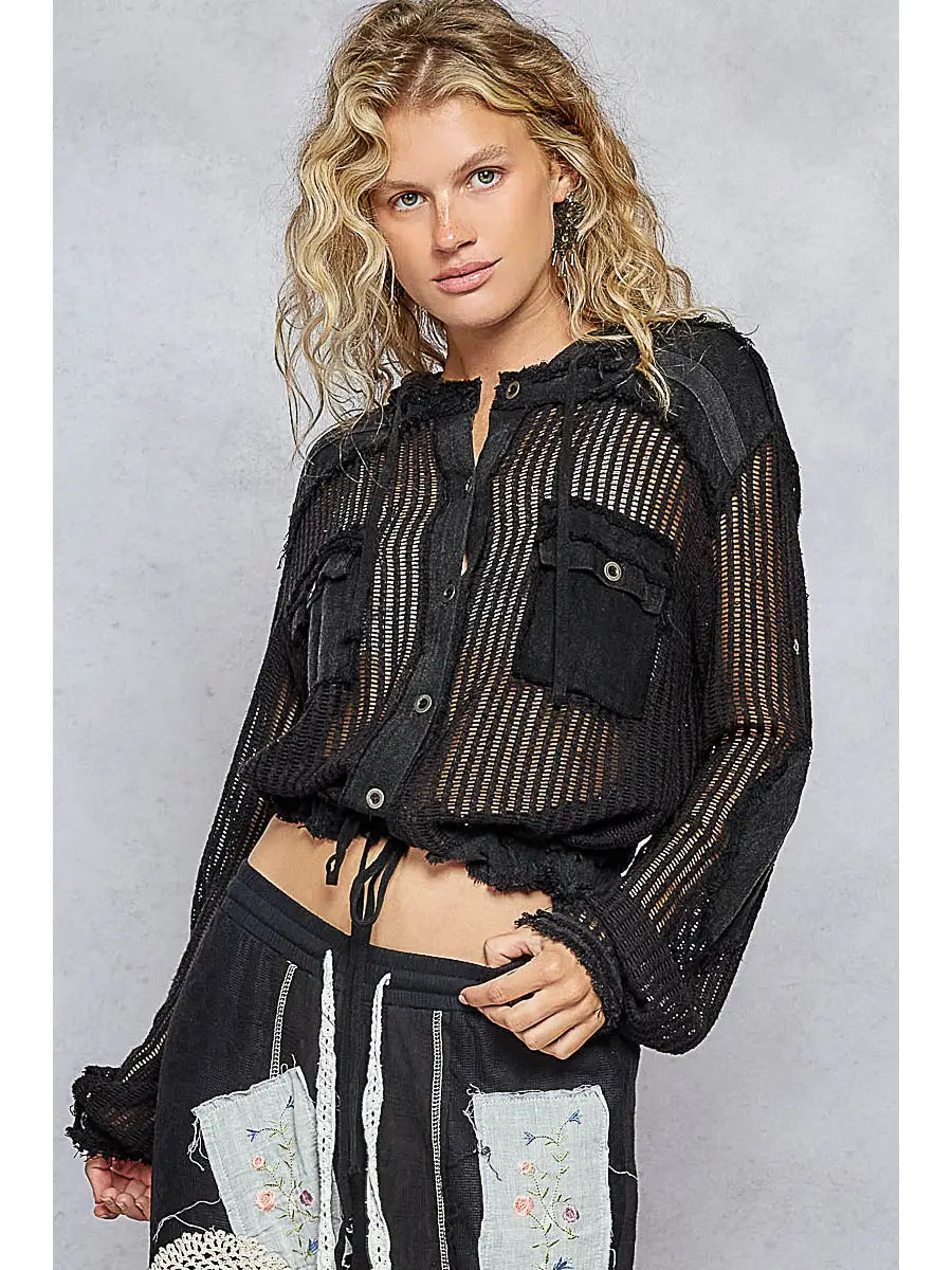 Black Sheer Knit Cropped Top with Hood and Drawstring Hem