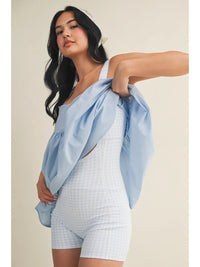 Light Blue Gingham Romper with Babydoll Overlay Dress