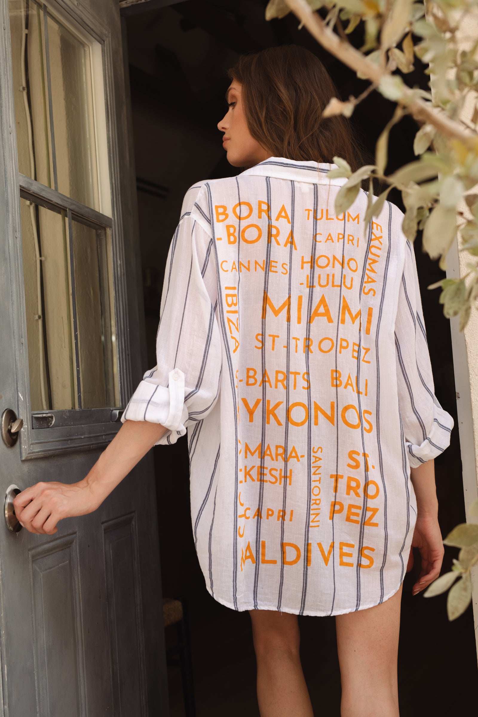 Striped Oversized Shirt with Destination Print Back