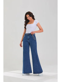 High Waist Button Detail Wide Leg Flare Jeans