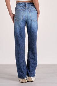 Women's Relaxed Fit Elastic Waist Straight Leg Blue Wash Jeans
