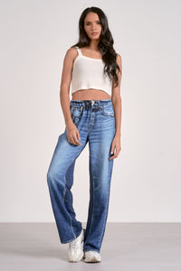 Women's Relaxed Fit Elastic Waist Straight Leg Blue Wash Jeans