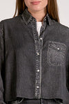 Washed Black Cropped Denim Shirt with Pocket Detail