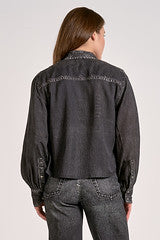 Washed Black Cropped Denim Shirt with Pocket Detail