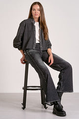 Washed Black Cropped Denim Shirt with Pocket Detail