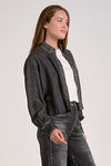 Washed Black Cropped Denim Shirt with Pocket Detail