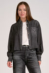 Washed Black Cropped Denim Shirt with Pocket Detail