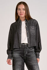 Washed Black Cropped Denim Shirt with Pocket Detail