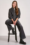 Washed Black Cropped Denim Shirt with Pocket Detail
