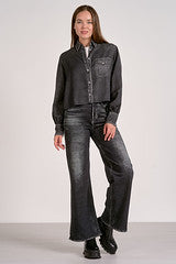 Washed Black Cropped Denim Shirt with Pocket Detail