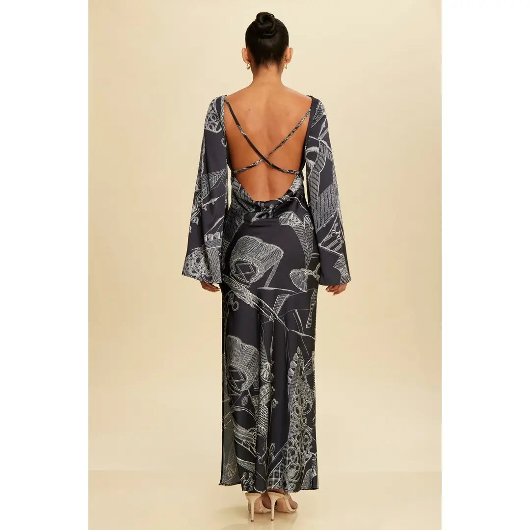Printed Long Sleeve Open Back Maxi Dress Black