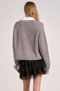 Silver Sequin Knit V-Neck Sweater