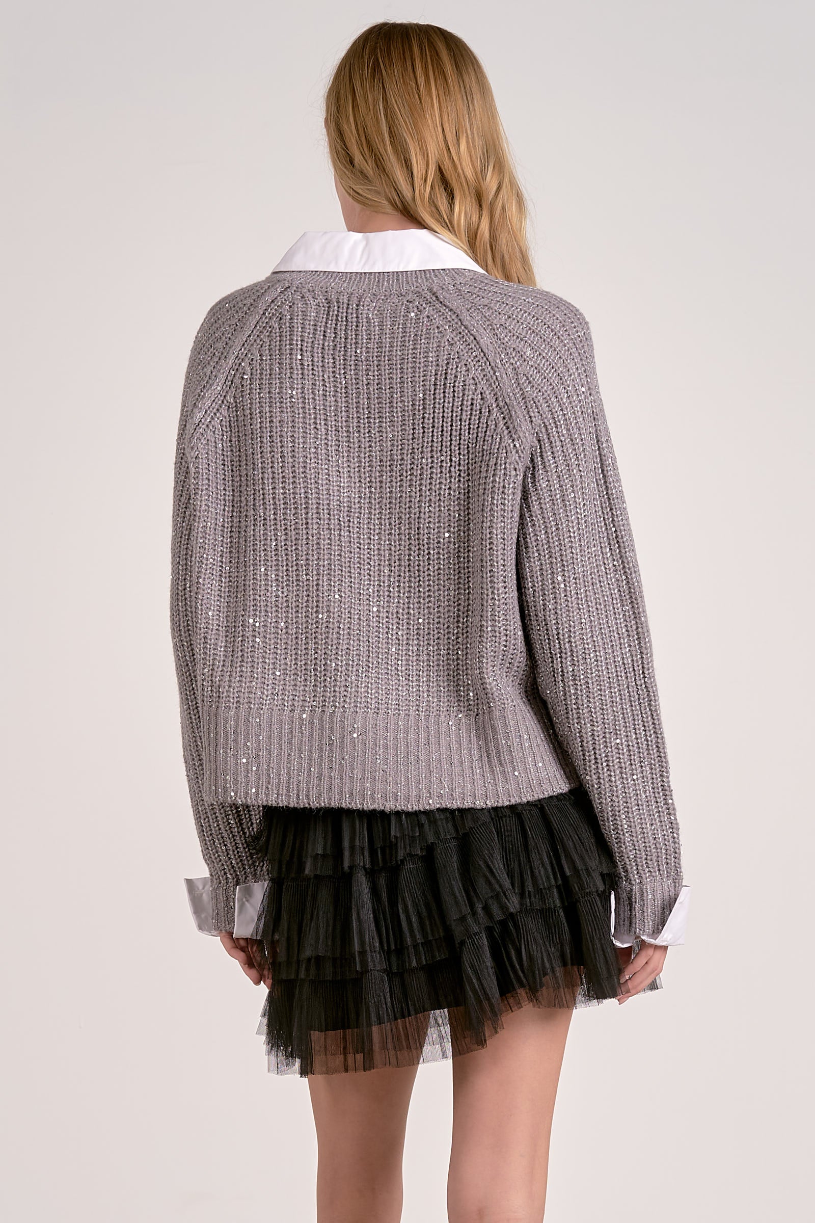 Silver Sequin Knit V-Neck Sweater