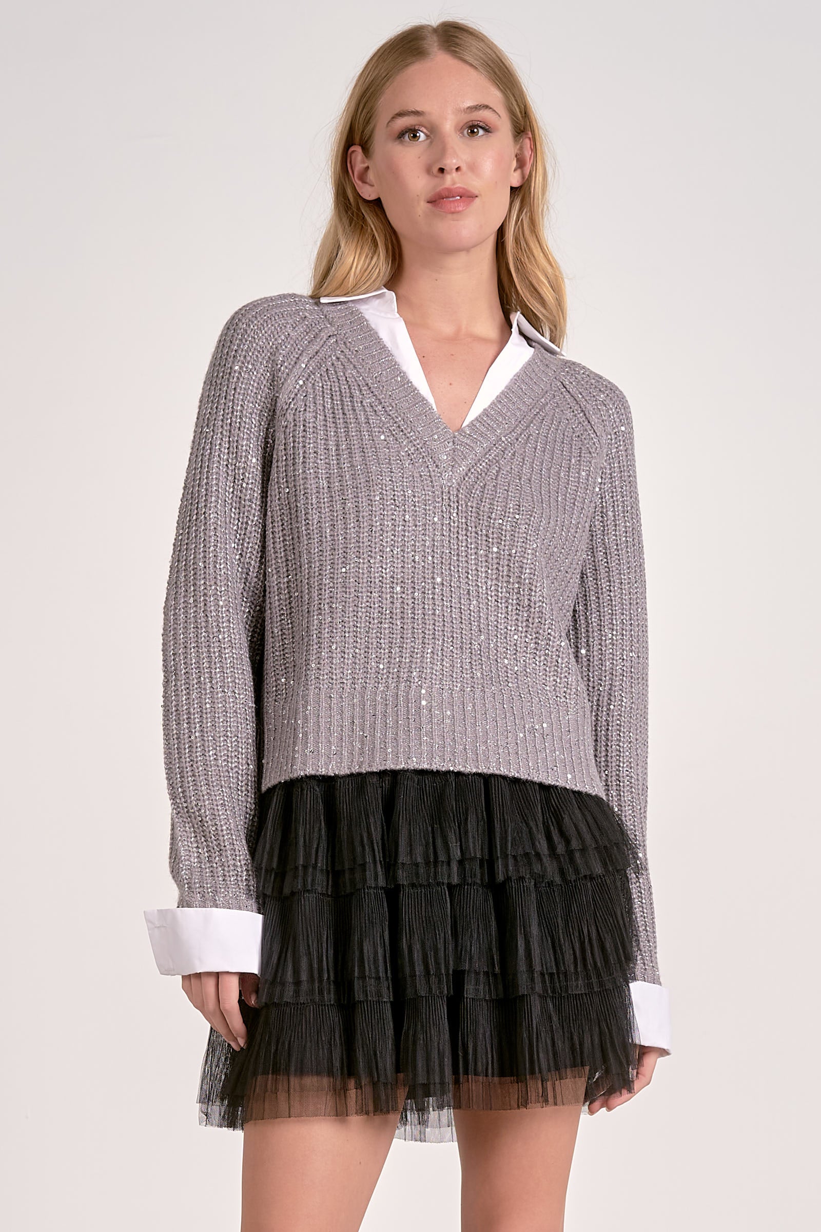 Silver Sequin Knit V-Neck Sweater