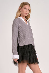 Silver Sequin Knit V-Neck Sweater