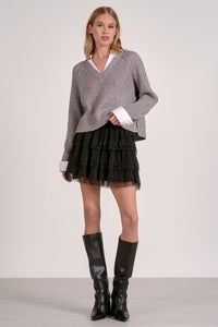 Silver Sequin Knit V-Neck Sweater