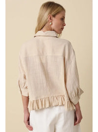 Lightweight Ruffle Hem Button-Up Blouse with Puff Sleeves in Nude