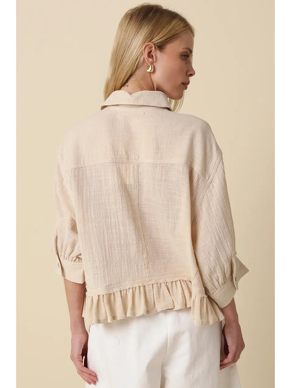 Lightweight Ruffle Hem Button-Up Blouse with Puff Sleeves in Nude