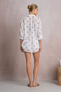 White Button-Up Shirt with Evil Eye Embroidery