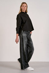 Washed Black Wide Leg Denim Jeans with Relaxed Fit