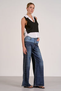 High Waist Contrast-Wash Wide Leg Jeans
