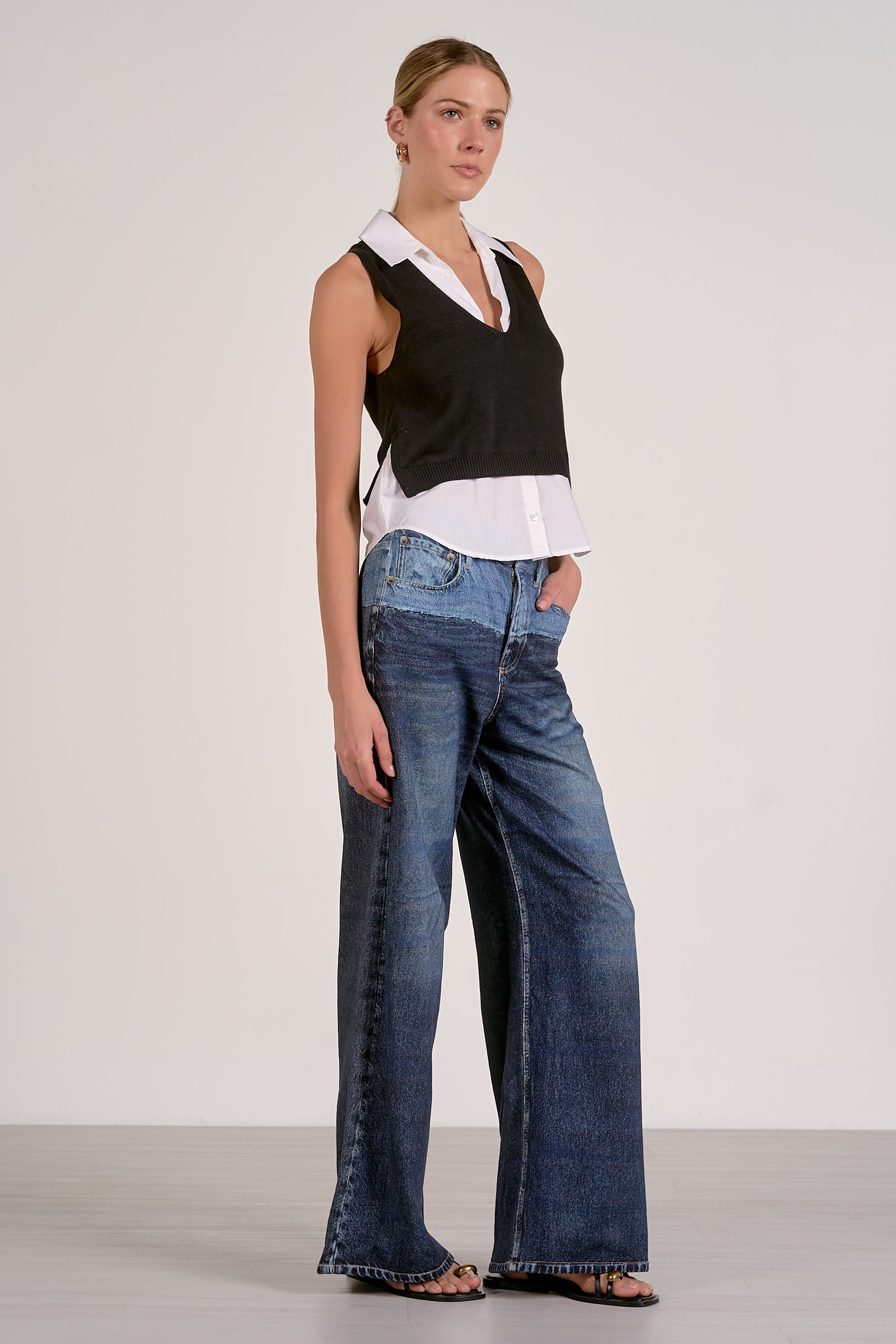 High Waist Contrast-Wash Wide Leg Jeans