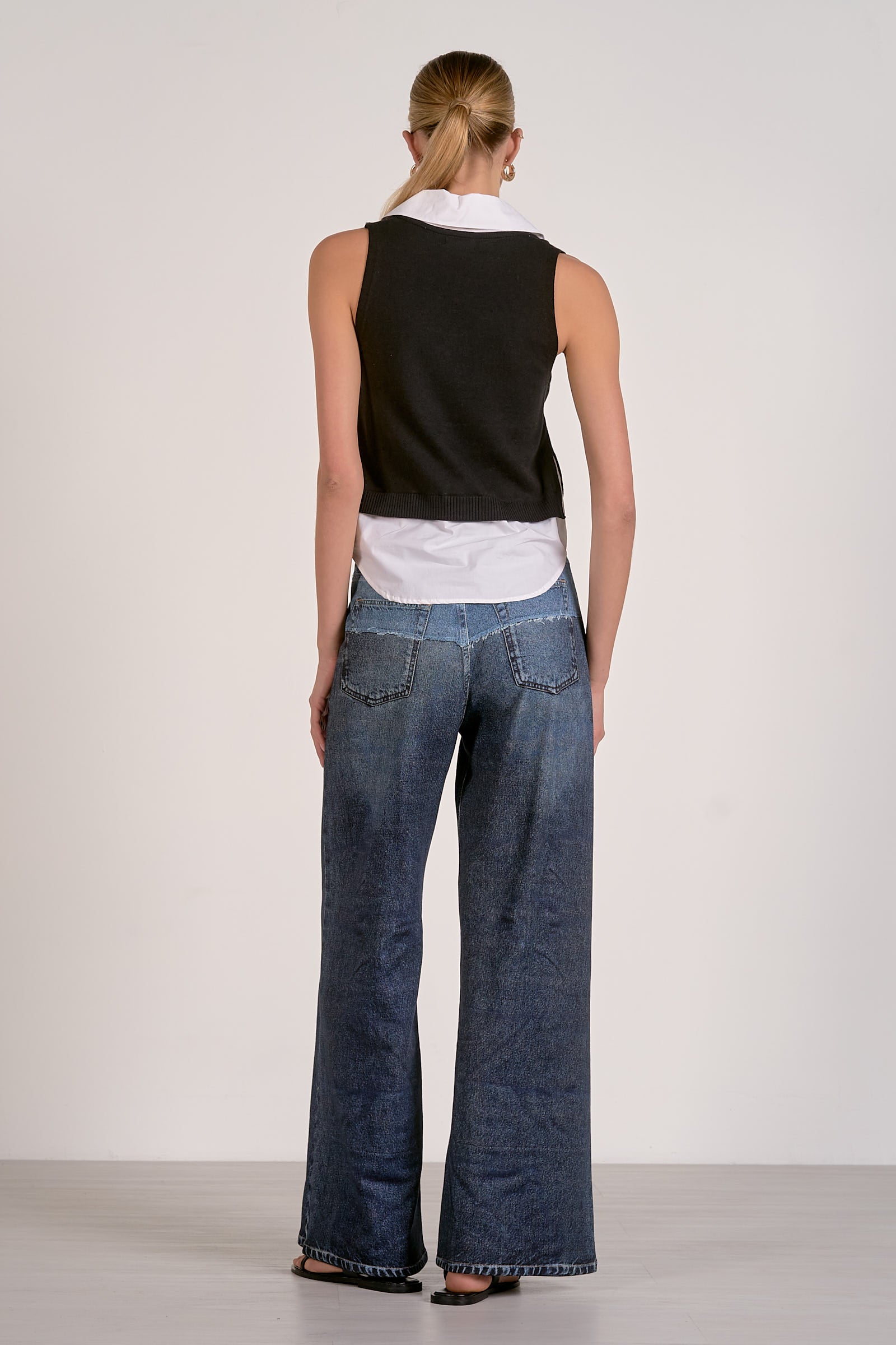 High Waist Contrast-Wash Wide Leg Jeans