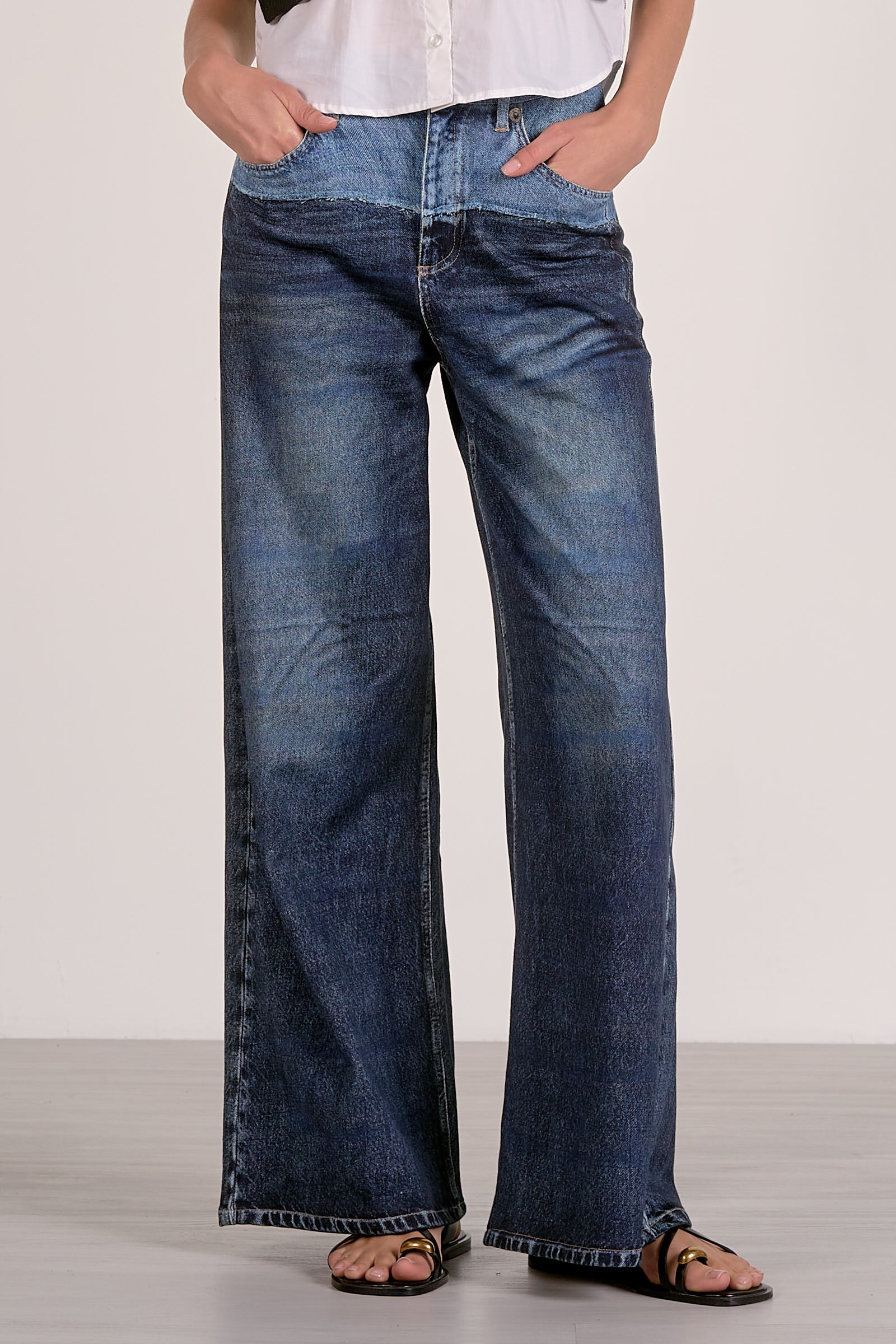High Waist Contrast-Wash Wide Leg Jeans