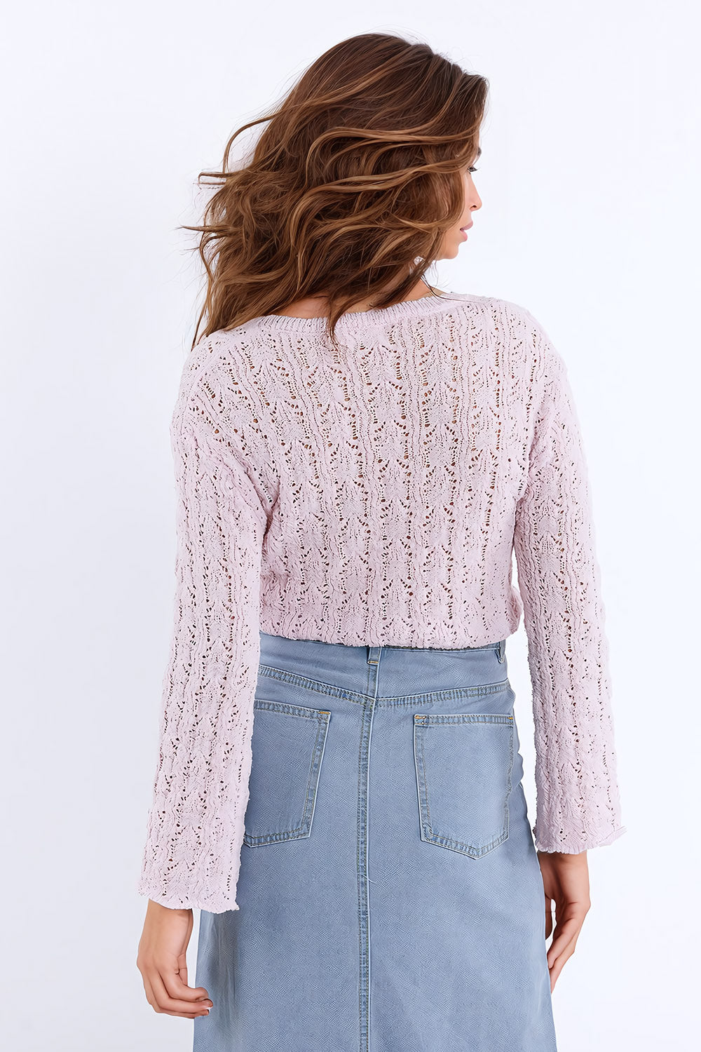 Pink Open-Knit Long Sleeve Sweater Top