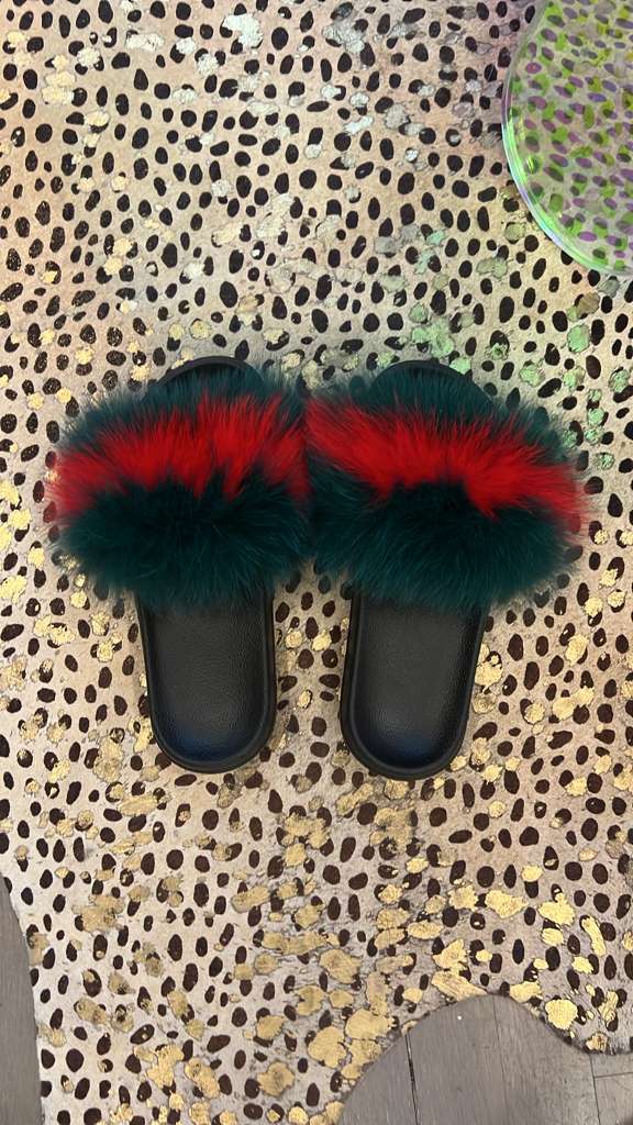 Red & Green Fox Fur Fluffy Slide Sandals
