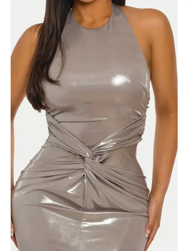 Liquid Shine Halter Ruched High Slit Maxi Dress
