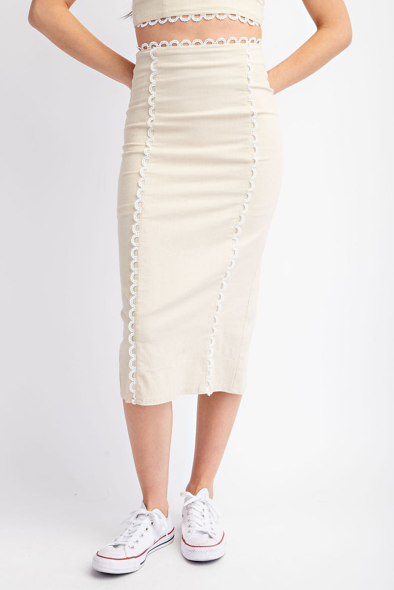 LINEN MIDI SKIRT WITH CONTRAST LACE