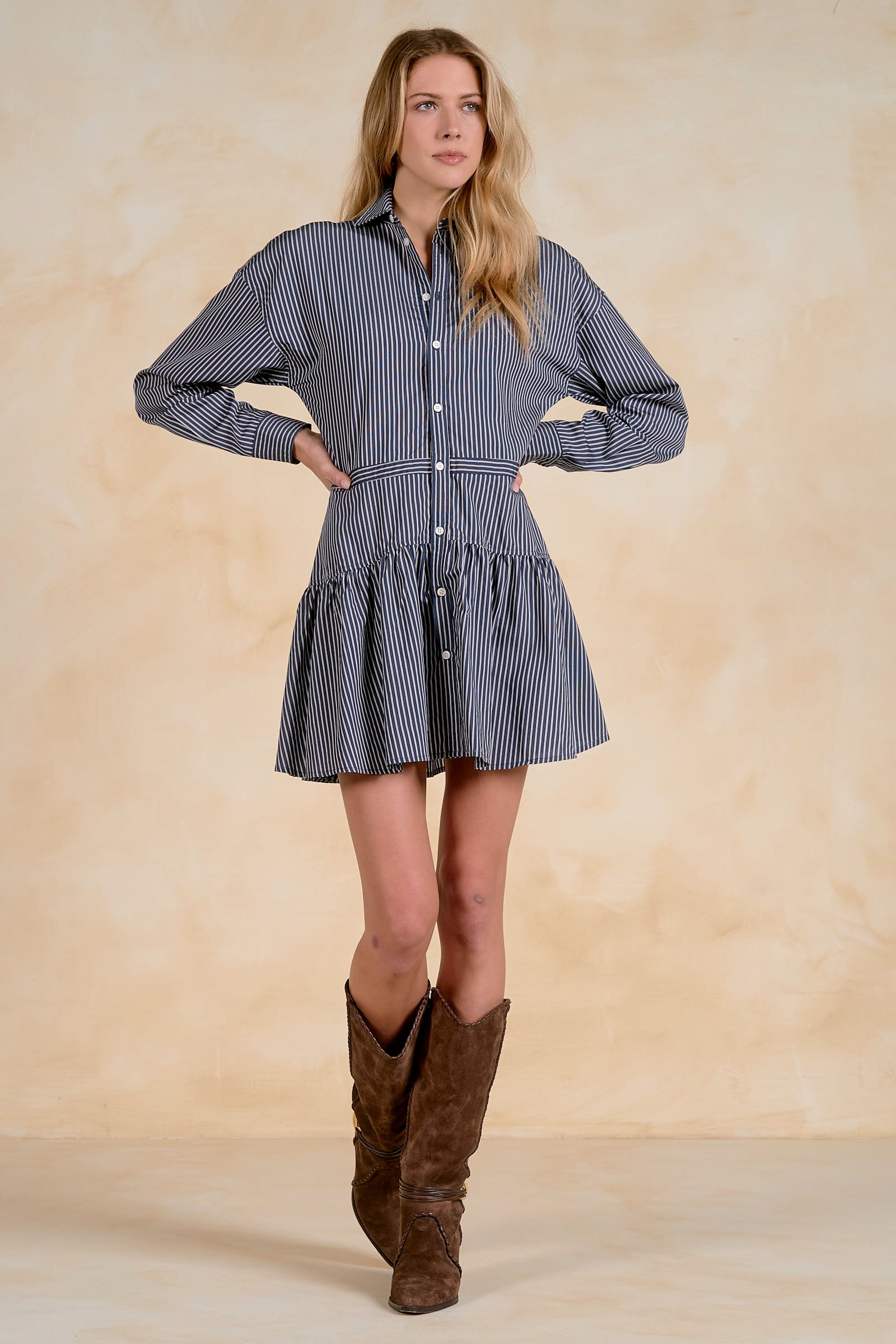 Striped Long Sleeve Button Front Mini Shirt Dress