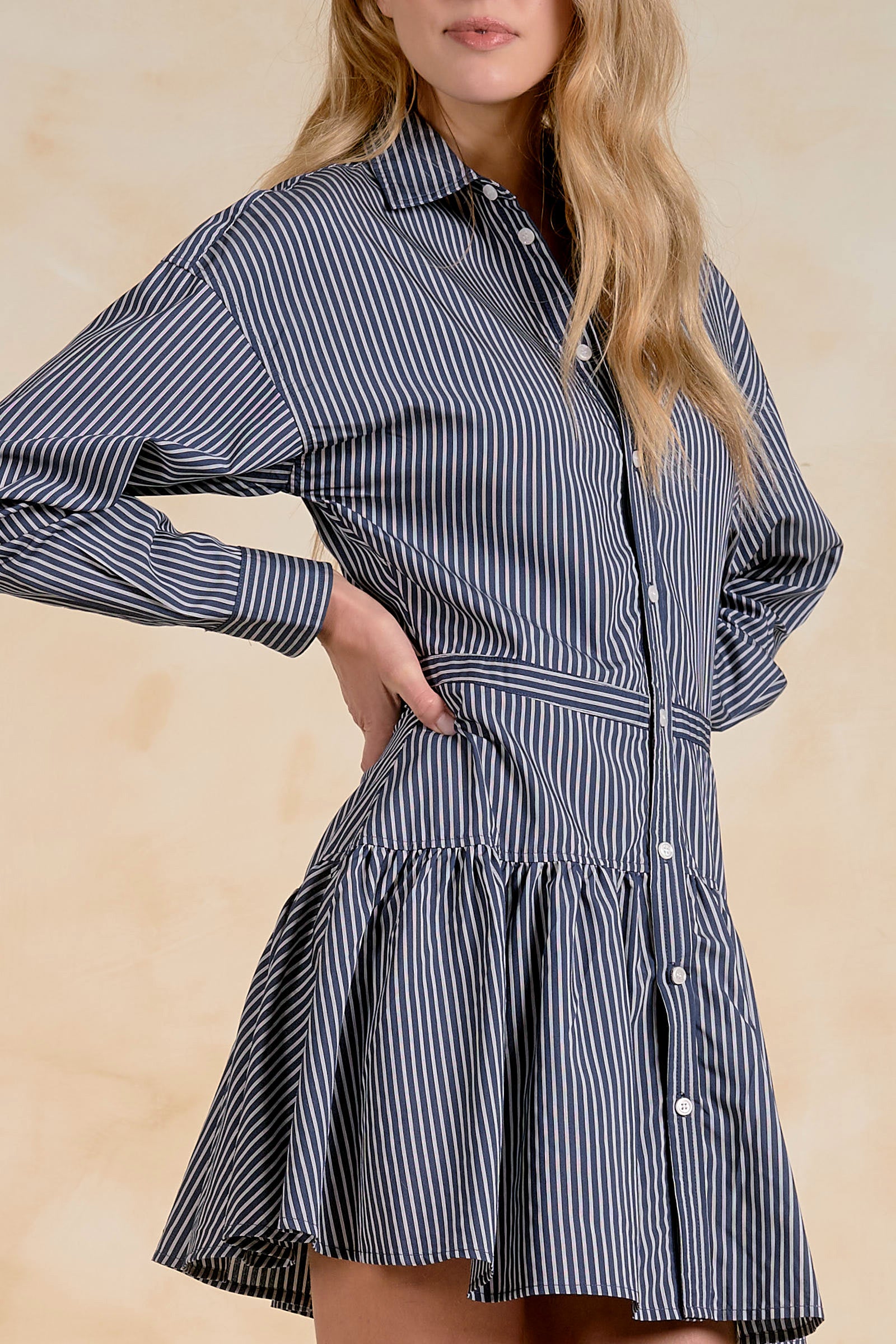 Striped Long Sleeve Button Front Mini Shirt Dress