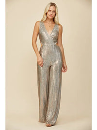 Metallic Pleated Wide Leg Cutout Jumpsuit