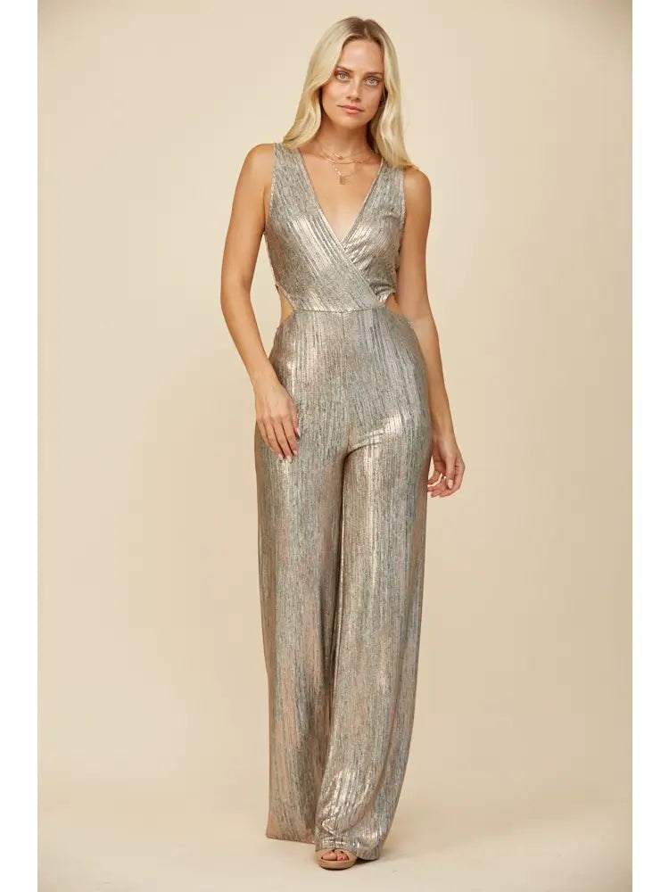 Metallic Pleated Wide Leg Cutout Jumpsuit