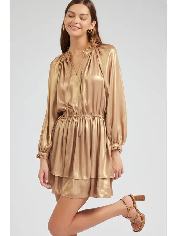 Gold Satin Tiered Mini Dress with Ruffle Neckline