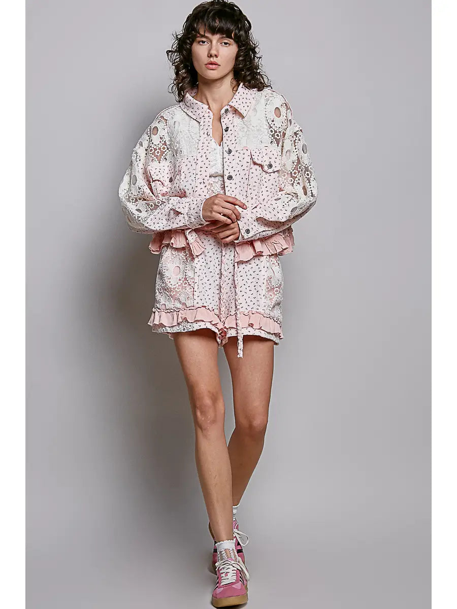 Pink Floral Lace Trim Ruffle Shorts