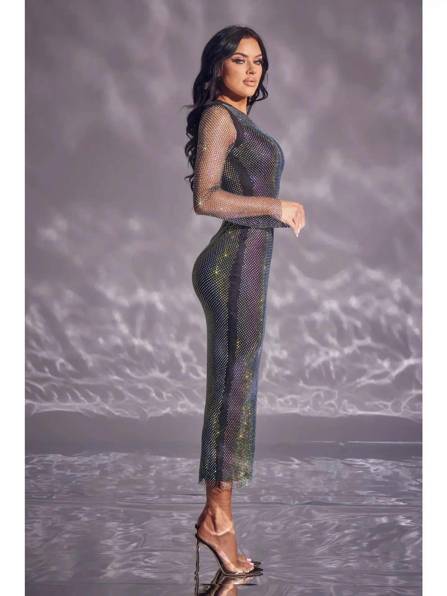Sheer Mesh Iridescent Midi Dress with Asymmetric Cut-Out Amanda Jean NYC Sheer Mesh Iridescent Midi Dress with Asymmetric Cut-Out Amanda Jean NYC