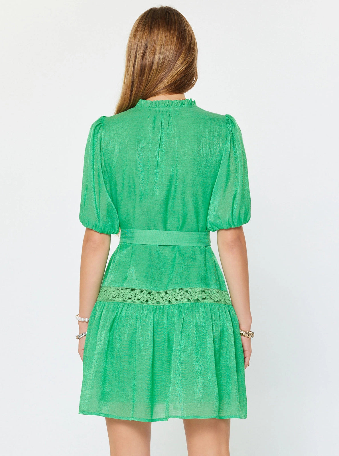 Emerald Green Lace Trim Tie Waist Mini Dress with Puff Sleeves