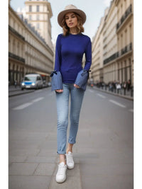 Blue Knit Top with Denim Bell Sleeves and Ribbon Ties