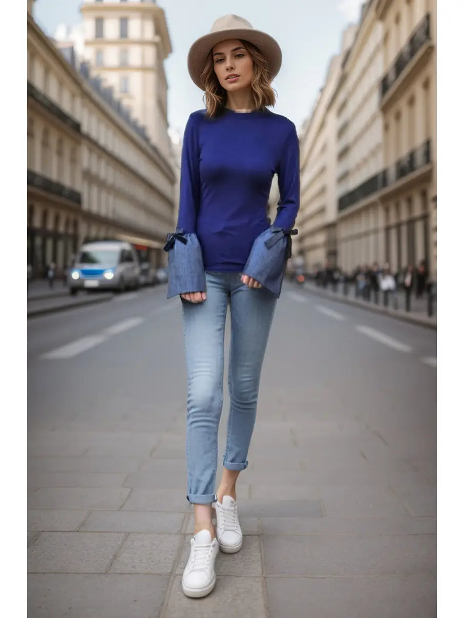 Blue Knit Top with Denim Bell Sleeves and Ribbon Ties