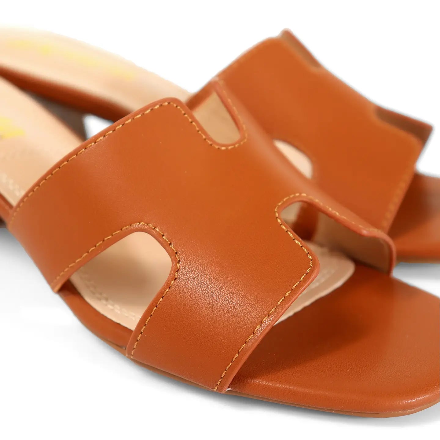 Tan Cutout Strap Block Heel Slide Sandals